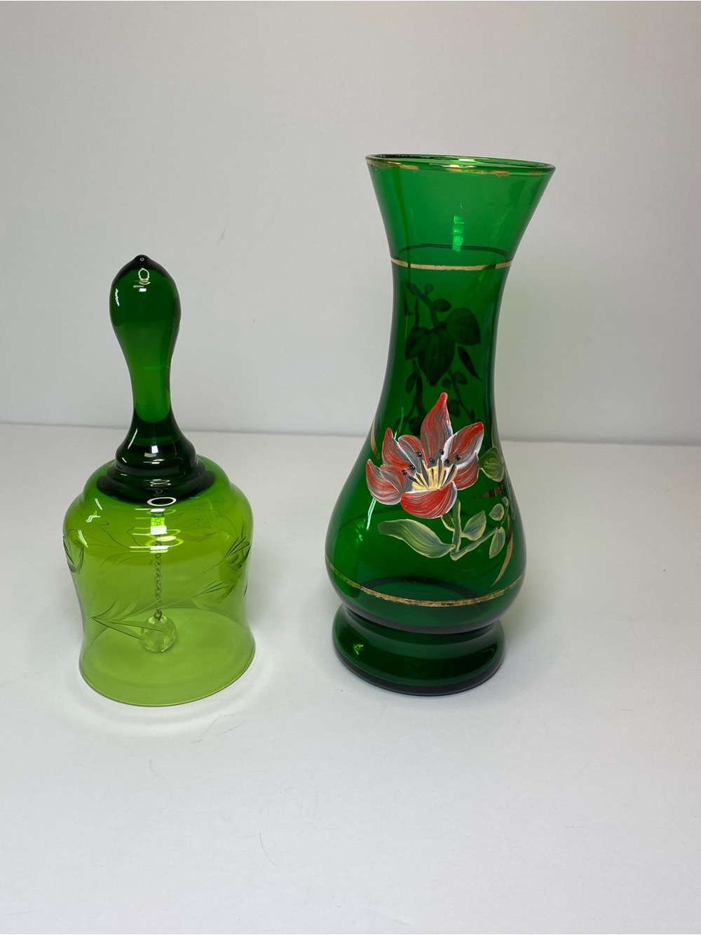 Vintage Green Art Glass Set Hand-Painted Floral Vase & Etched Glass Bell